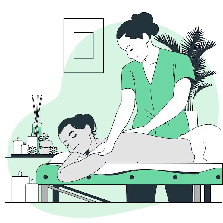 illustration d'un kiné utilisant une technique de massage relaxant sur une patiente